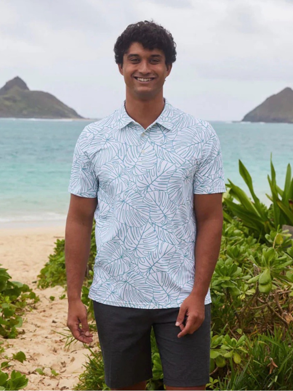 Hawaiian REYN SPOONER Men's Green White Leaf Polo Shirt [Mega Monstera]